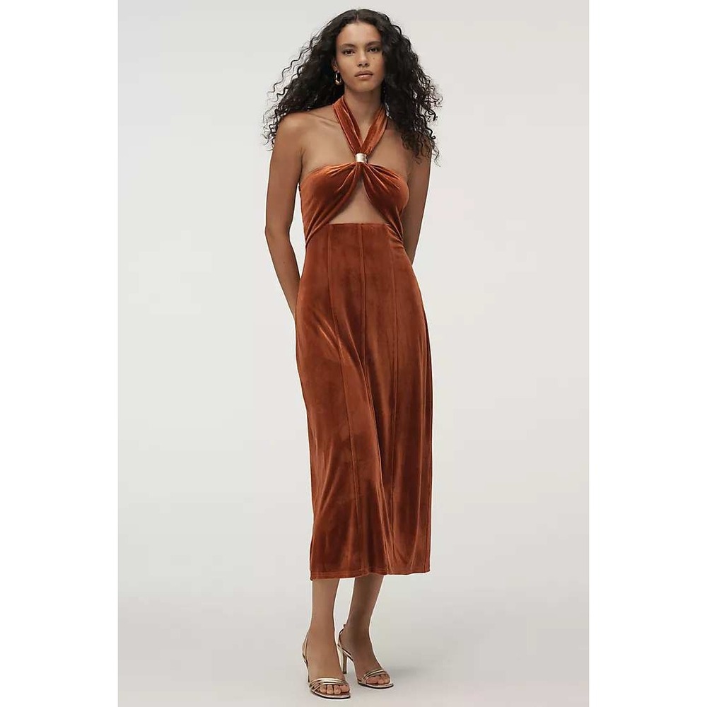 Anthropologie Flat White Velvet Halter Dress XL Midi Copper Cutout Open Back NWT